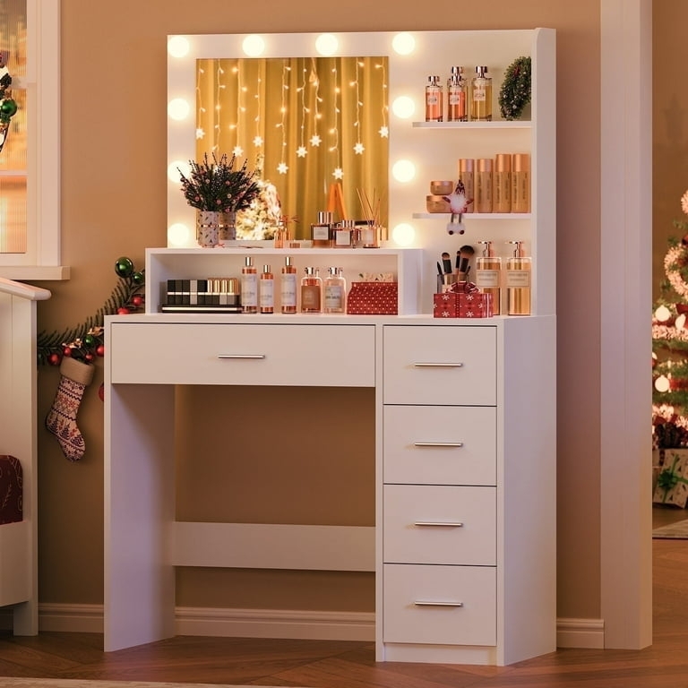 Makeup Vanity White Asymmetric Drawers, Integrated Bulbs, Shelves