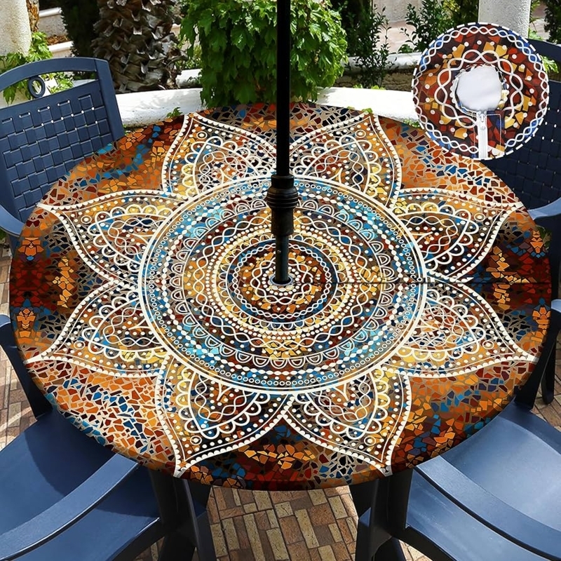 Mandala Patio Tablecloth Mosaic Pattern Zippered Umbrella Hole Fitted