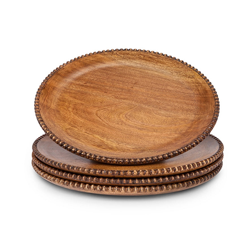 Mango Wood Charger Plate with Beaded Rim Detail, Rustic Farmhouse Style