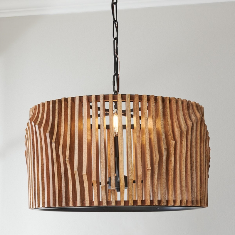 Mango Wood Drum Chandelier Rustic Vertical Slat Pendant Light