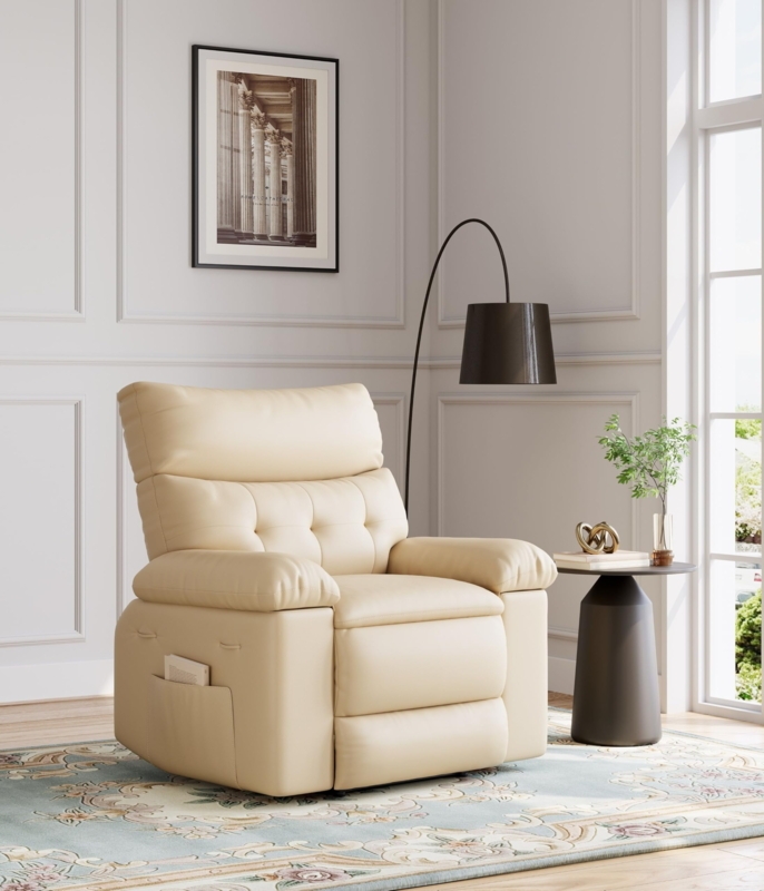 Manual Recliner: Cream Beige Leather-Like Tufted Back Rolled Armrests