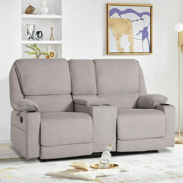 Manual Reclining Loveseat: Light Gray Heathered Fabric Console