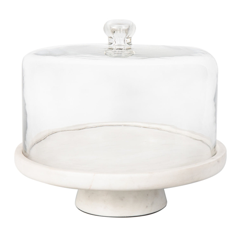 Marble Cake Stand with Glass Cloche Dome and Polished Stone Base