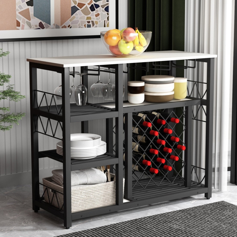 Marble-Look Wine Console featuring X-Frame Metal Sides and Stemware Rack