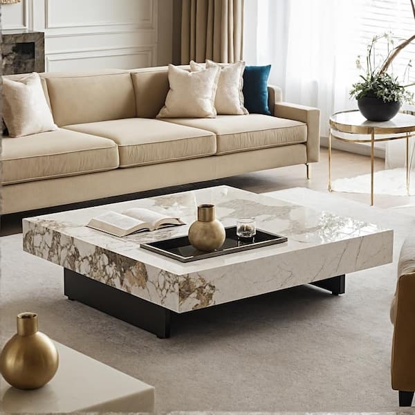 Marble Square Coffee Table, Thick Apron, Recessed Plinth Base.