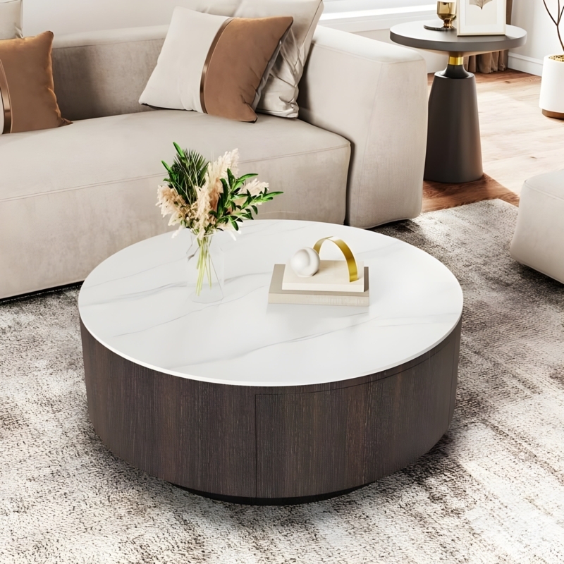 Marble Top Storage Table Round Drum Hidden Drawers Modern