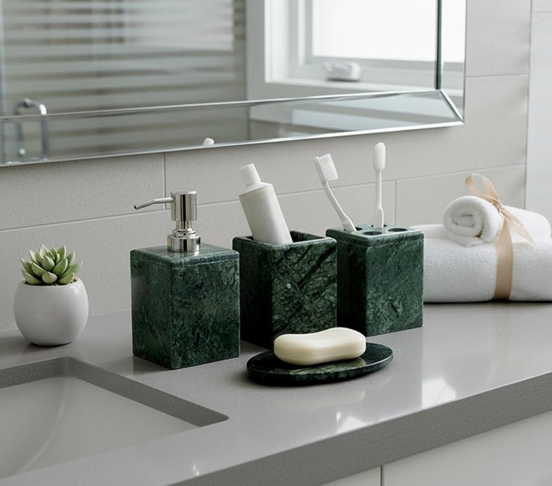 Marbled Green Stone Bathroom Set with Polished Square Silhouette