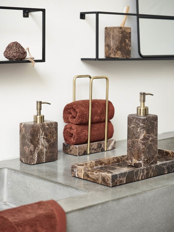 Marbled Stone Bathroom Accessory Set with Brass Towel Holder