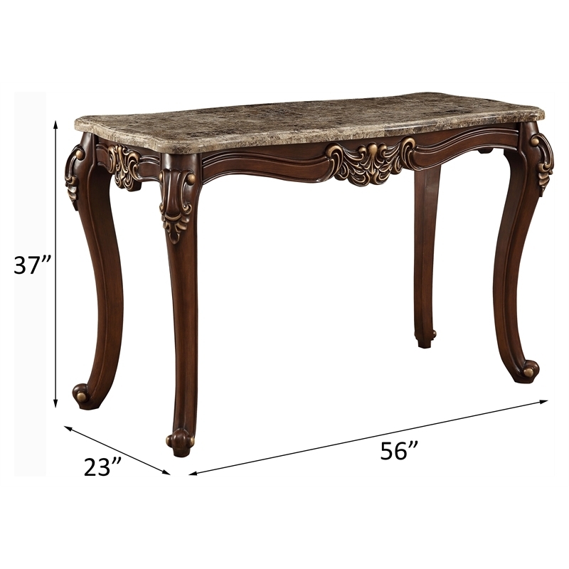 Marbled Top Hall Table with Ornate Carvings and Scrolled Apron