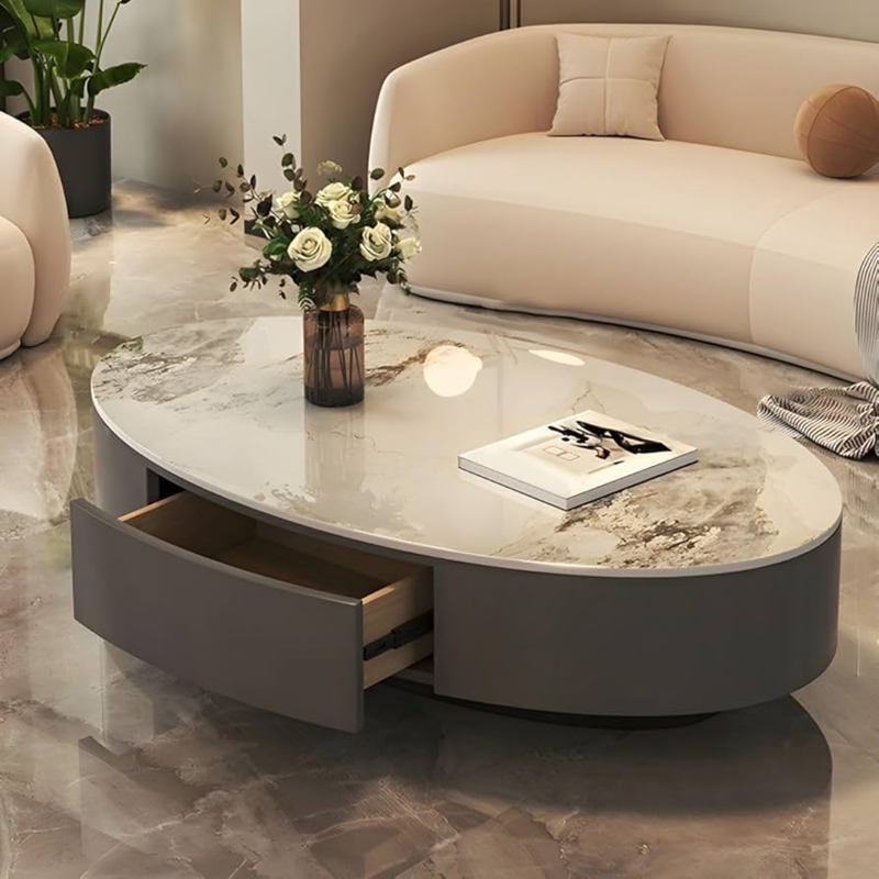 Marbled Top Oval Coffee Table, Integrated Drawer, Matte Gray Base.