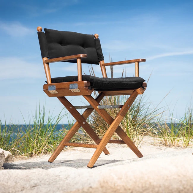 Marine Teak Director's Chair with Black Tufted Cushion and Finials