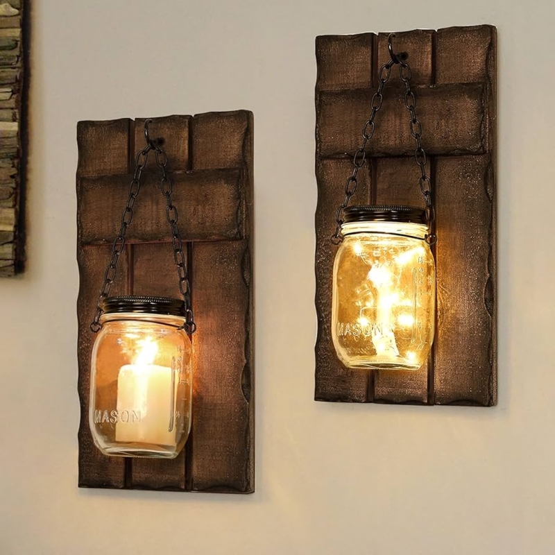 Mason Jar Wall Sconce Set, Hanging Chain, Fairy Lights, Rustic