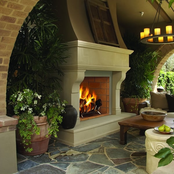 Masonry Outdoor Fireplace with Tiered Mantle and Brick Liner