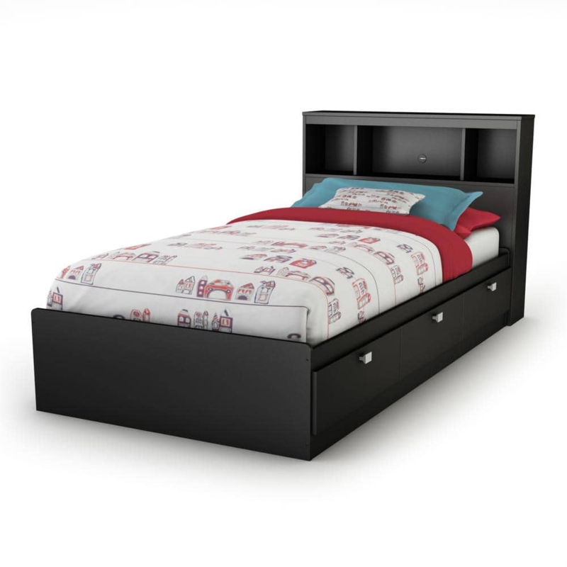 Mates Bed, Pure Black Finish, Bookcase Headboard, Three Storage Drawers