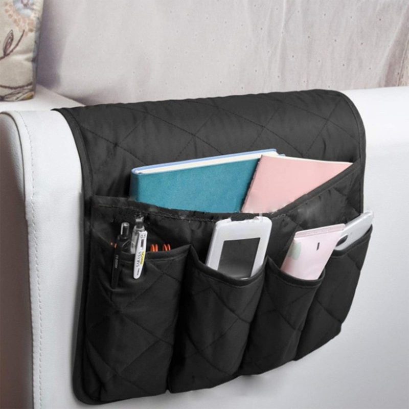 Matte Black Armchair Caddy Quilted Diamond Pattern Multiple Pockets