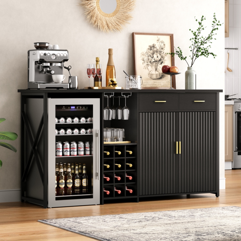 Matte Black Bar Cabinet with Beverage Fridge Niche and Fluted Doors