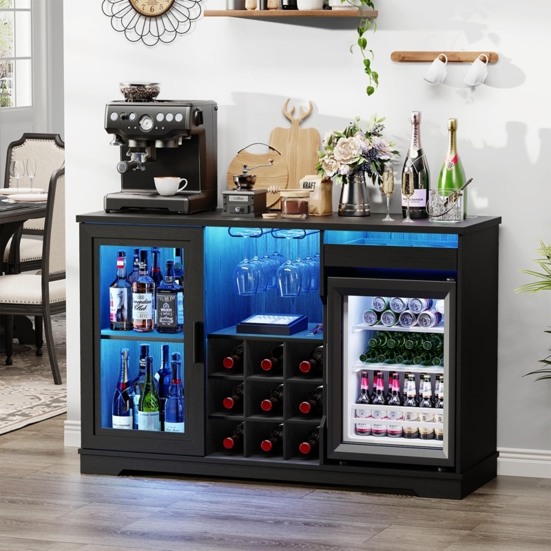 Matte Black Bar Cabinet with Blue LED Lighting and Integrated Fridge