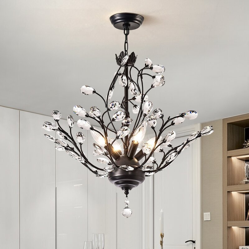 Matte Black Branching Light with Teardrop Crystals, Organic Form.