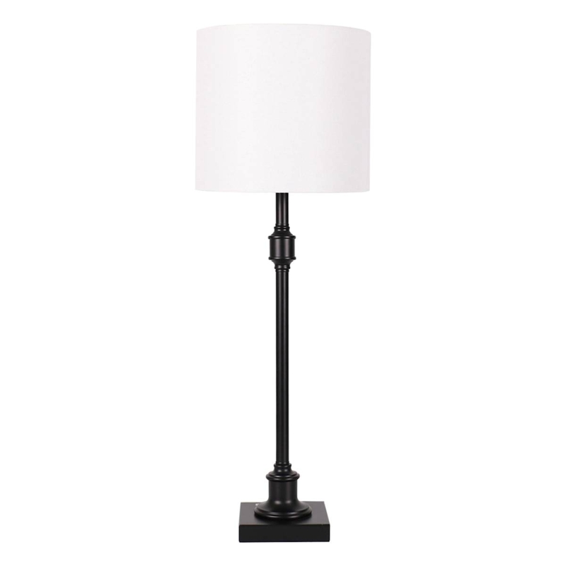 Matte Black Buffet Lamp: Turned Metal Stem & White Drum Shade (64 chars)