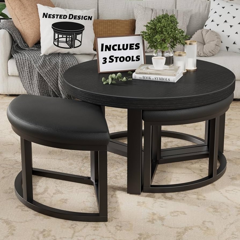 Matte Black Coffee Table Set, Wood Grain Texture, Three Nested Stools