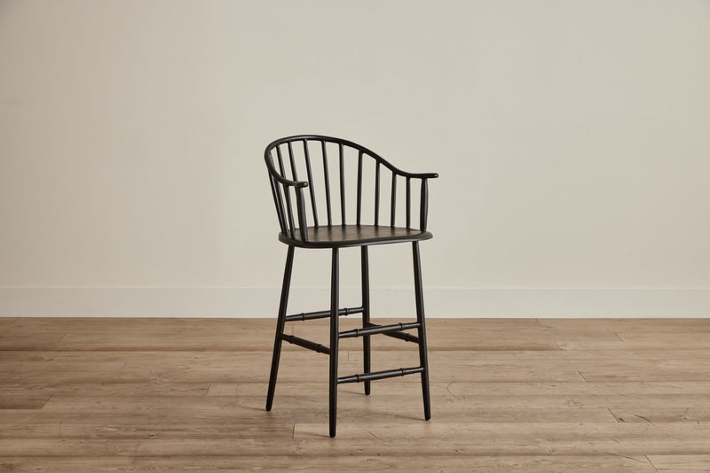 Matte Black Counter Stool with Wrap-Around Arms, Low Back Spindle Stool.