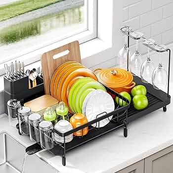 Matte Black Dish Organizer with Swivel Spout and Wine Glass Rack