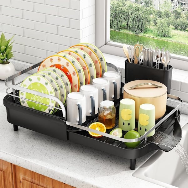 Matte Black Expandable Dish Rack with Silver Raised Guardrails