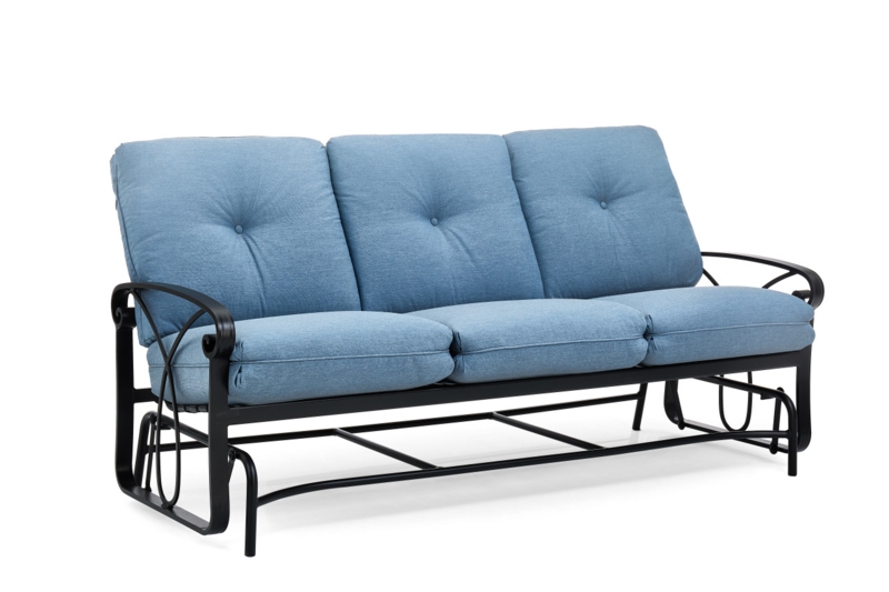 Matte Black Glider Sofa with Scroll Arms and Tufted Denim Blue Cushions