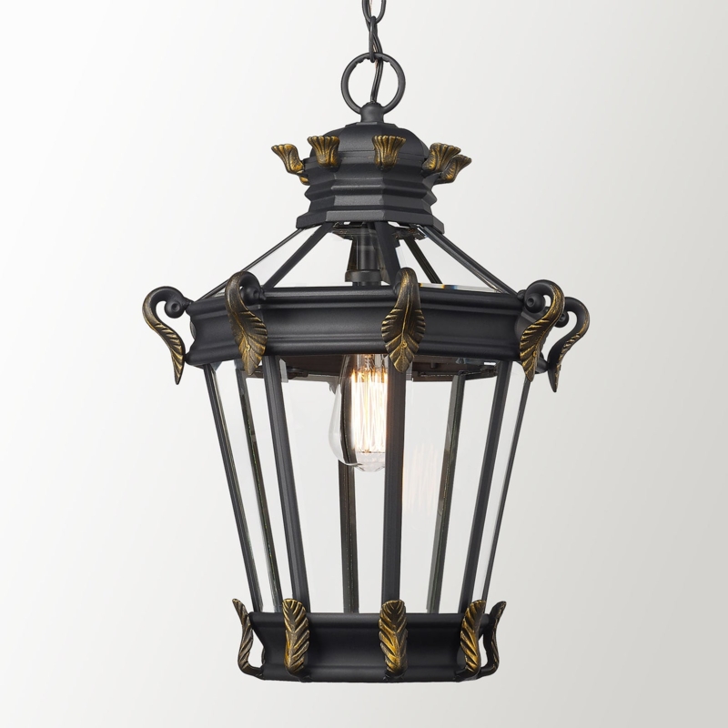 Matte Black & Gold Vintage Pendant, Scrolling Leaf French Provincial Lantern.