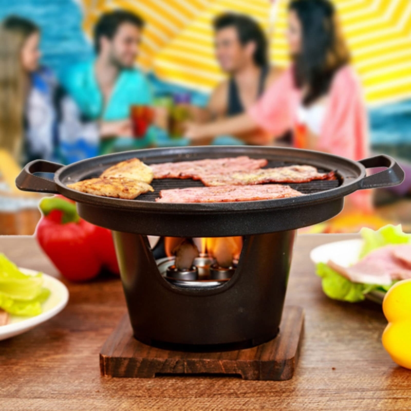 Matte Black Indoor Grill Tabletop Wood Base Stand Social Dining Setup