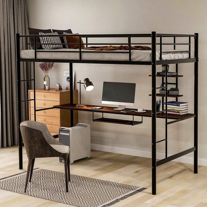 Matte Black Industrial Loft Bed with Integrated Desk and Keyboard Tray