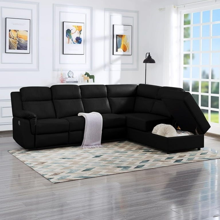 Matte Black Leather-Like Sectional Storage Chaise Recliner