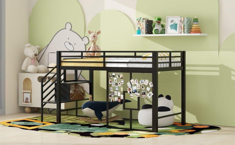 Matte Black Metal Low Loft Bed with Iron Mesh Display Panel