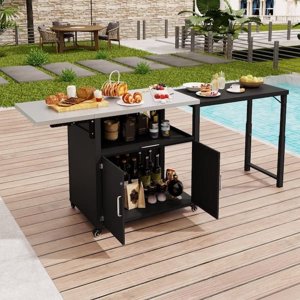 Matte Black Patio Server Cart with Expandable Wings