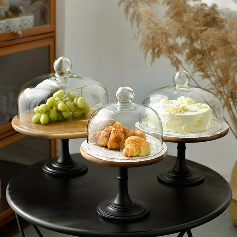 Matte Black Pedestal Cake Stand Wood Plate Glass Cloche Rustic