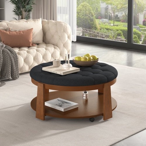 Matte Black Round Ottoman Tufted Curved Wide Legs Two-Tier