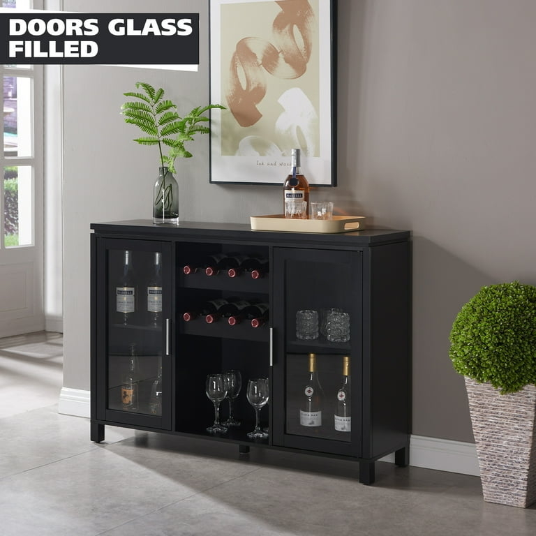 Matte Black Sideboard Buffet with Glass Door Panels and Wine Racks