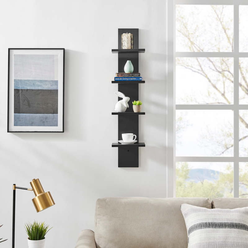 Matte Black Spine Wall Shelf with Four-Tier Open Shelving Design
