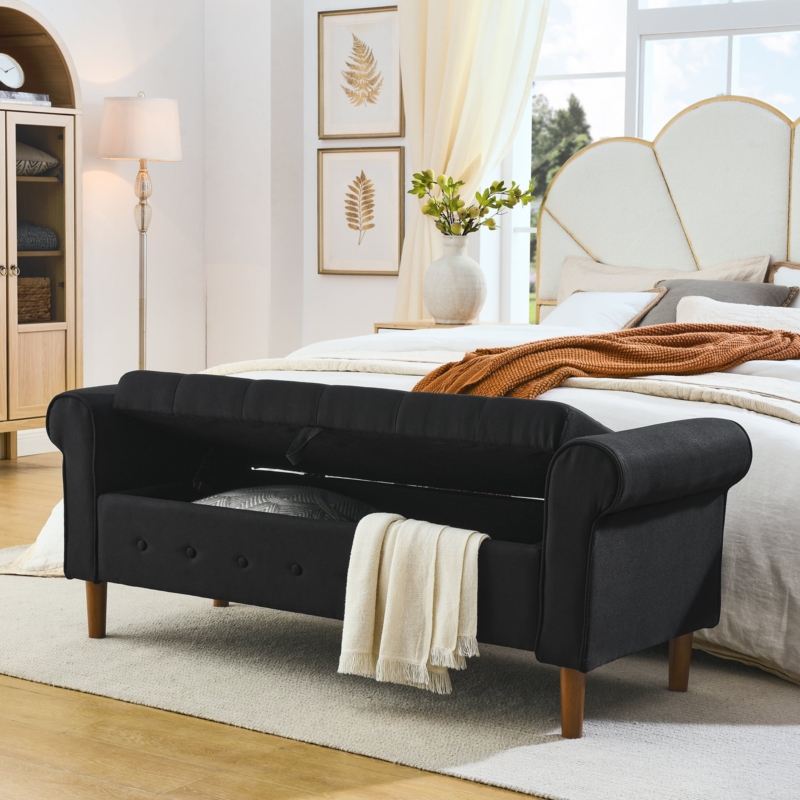 Matte Black Storage Bench with Rolled Arms and Tufted Interior