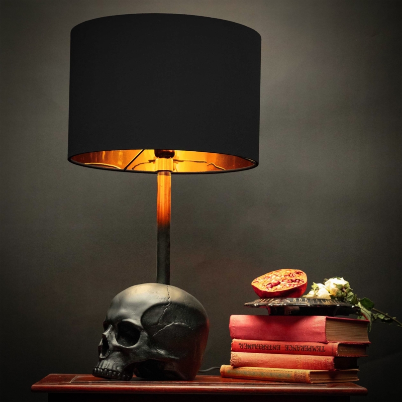 Matte Black Table Lamp with Skull Base and Gold Shade Lining