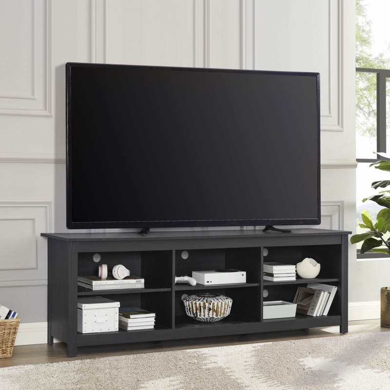 Matte Black TV Stand, Six Compartments, Adjustable Shelves for Media.