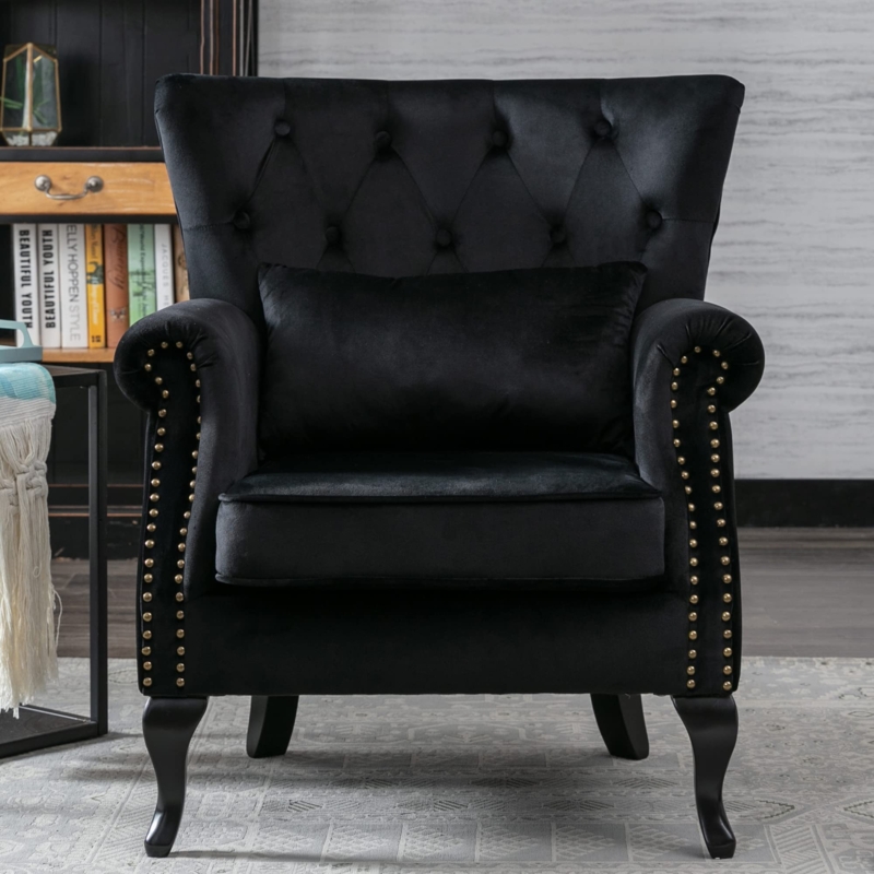Matte Black Velvet Wingback Chair with Nailhead Trim & Cabriole Legs