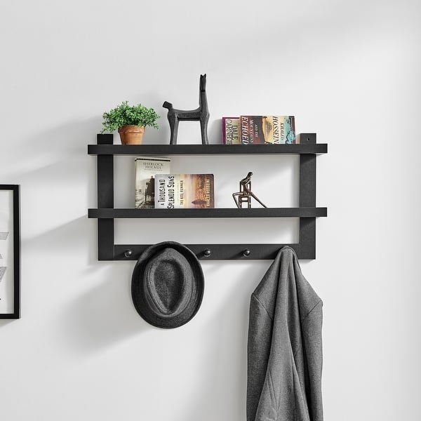 Matte Black Wall Organizer with Two-Tier Shelf and Five Hanging Hooks