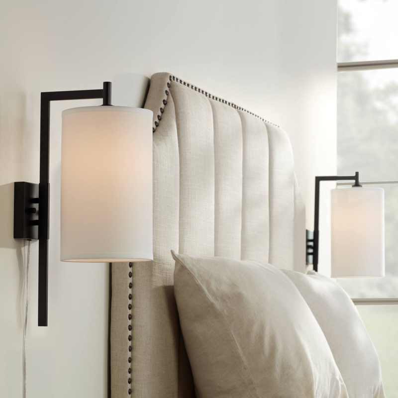 Matte Black Wall Sconce with Cylindrical Shade and Plug-In Cord