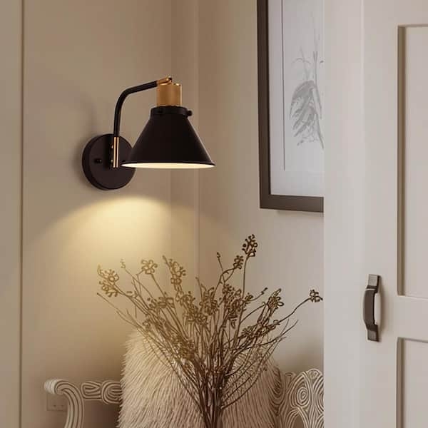 Matte Black Wall Sconce with Swing Arm and Wood Accent Socket