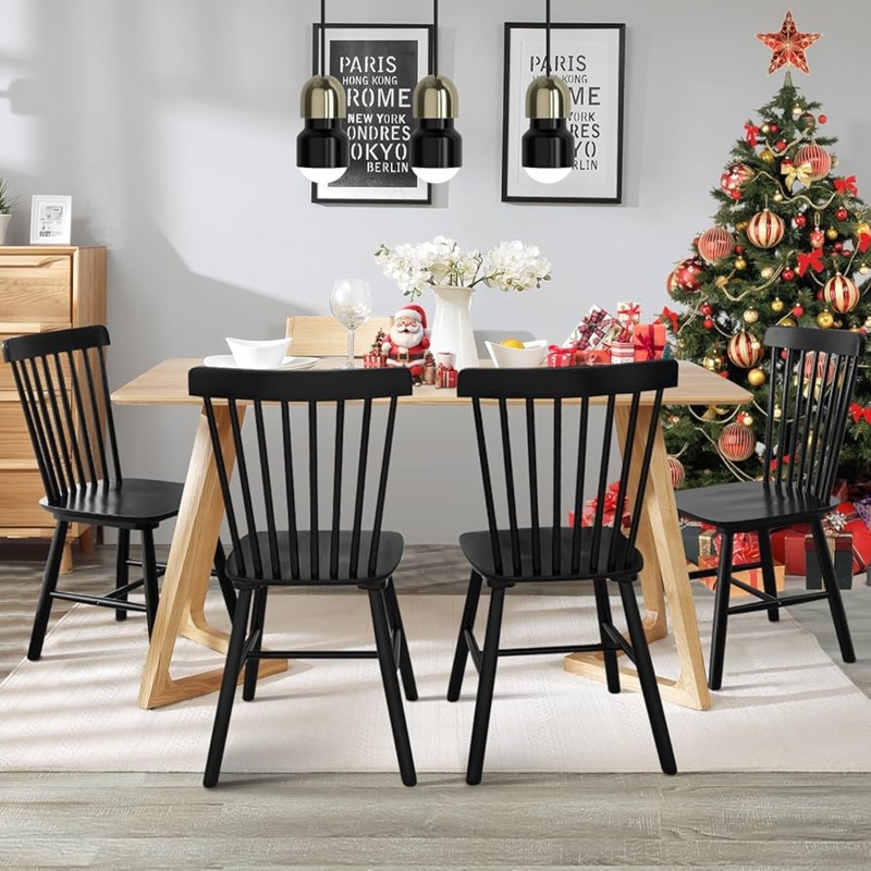 Matte Black Windsor Chairs Spindle Back Tapered Legs Farmhouse