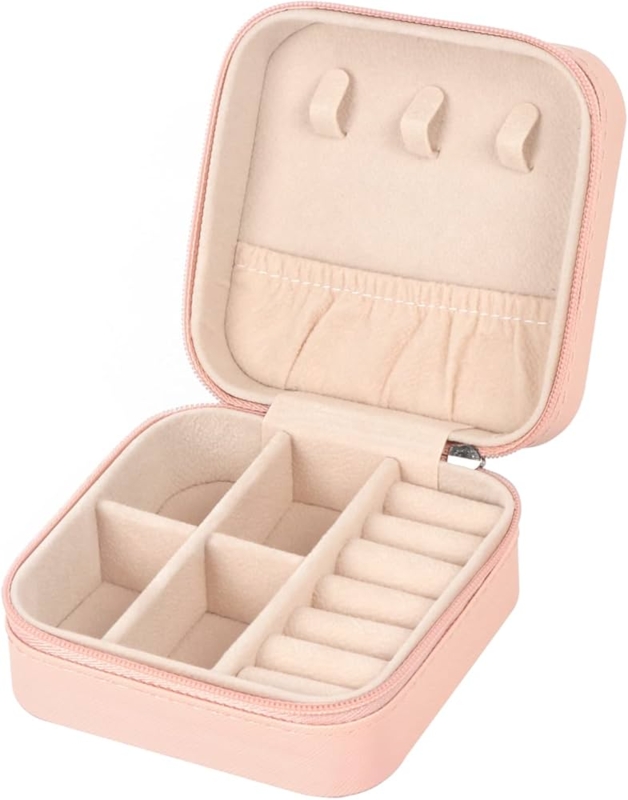 Matte Blush Jewelry Case, Portable with Necklace Hooks and Ring Rolls