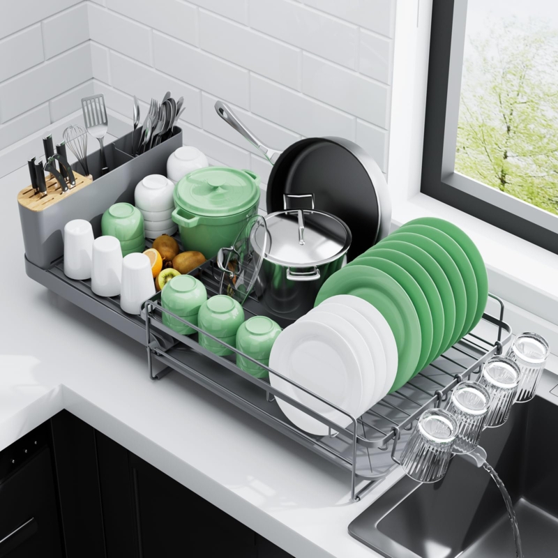 Matte Gray Expandable Dish Rack featuring Integrated Wooden Knife Block
