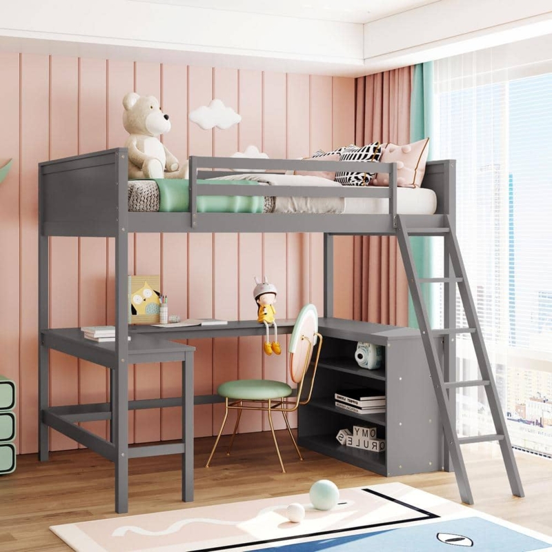 Matte Gray Full Size Loft Bed with Integrated L-Shaped Desk