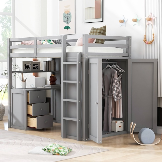 Matte Gray Loft Bed with Built-In Wardrobe and Integrated Desk